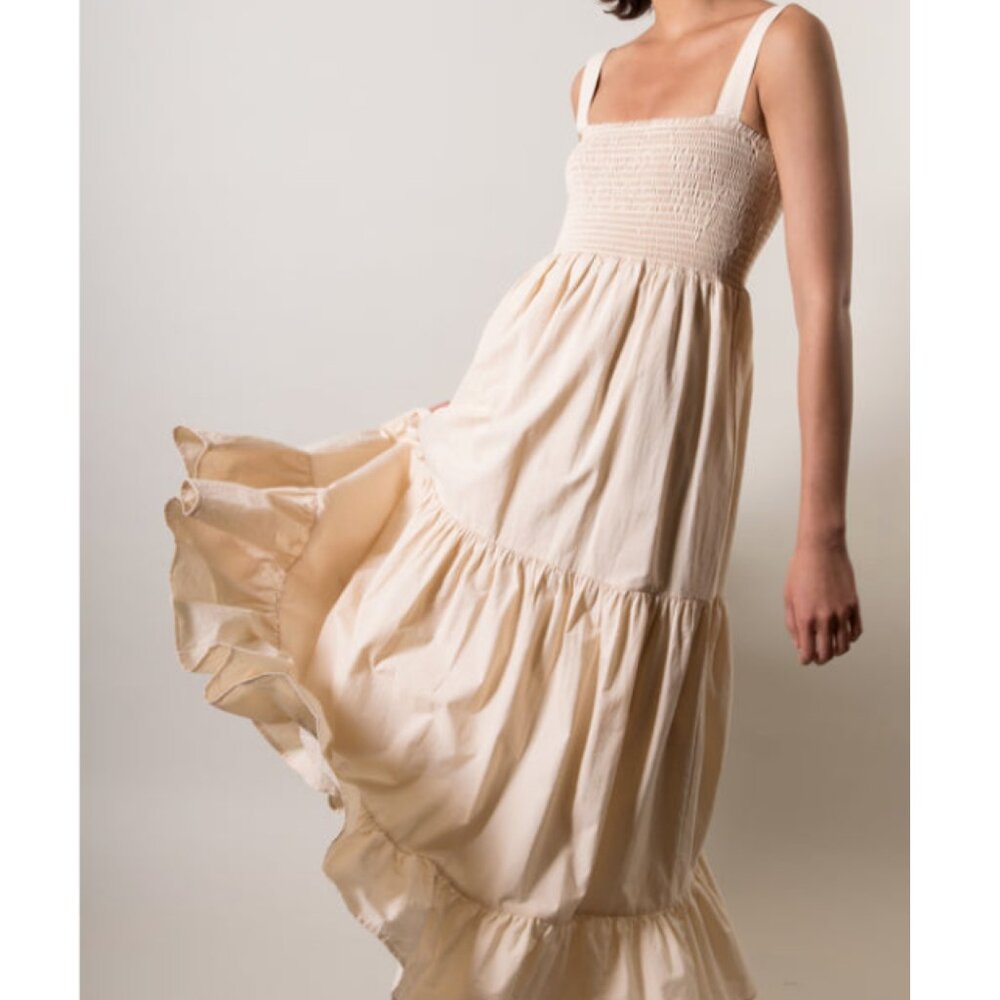 Araminta James Monaco Maxi Dress Tan Sand Color Poplin Cotton Smocked Sundress L